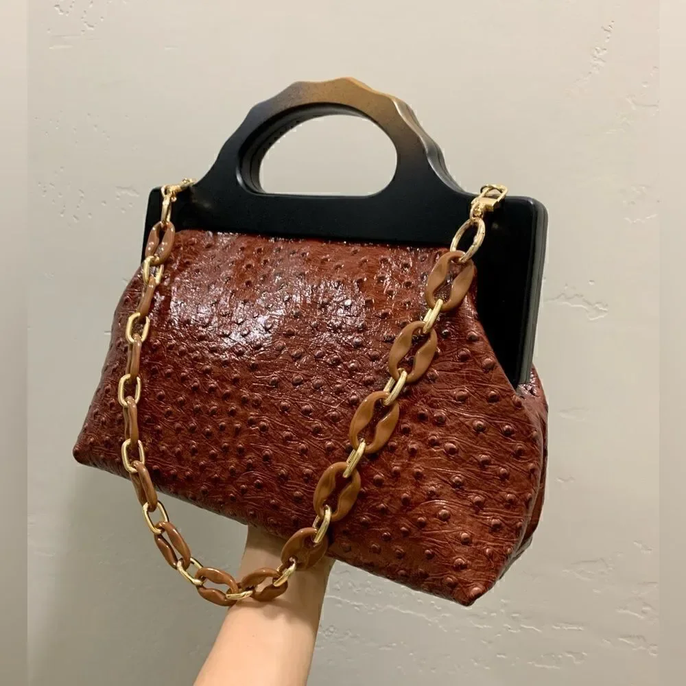 Handmade Genuine Ostrich Textured Cowhide, Wooden Frame Top Handle Satchel